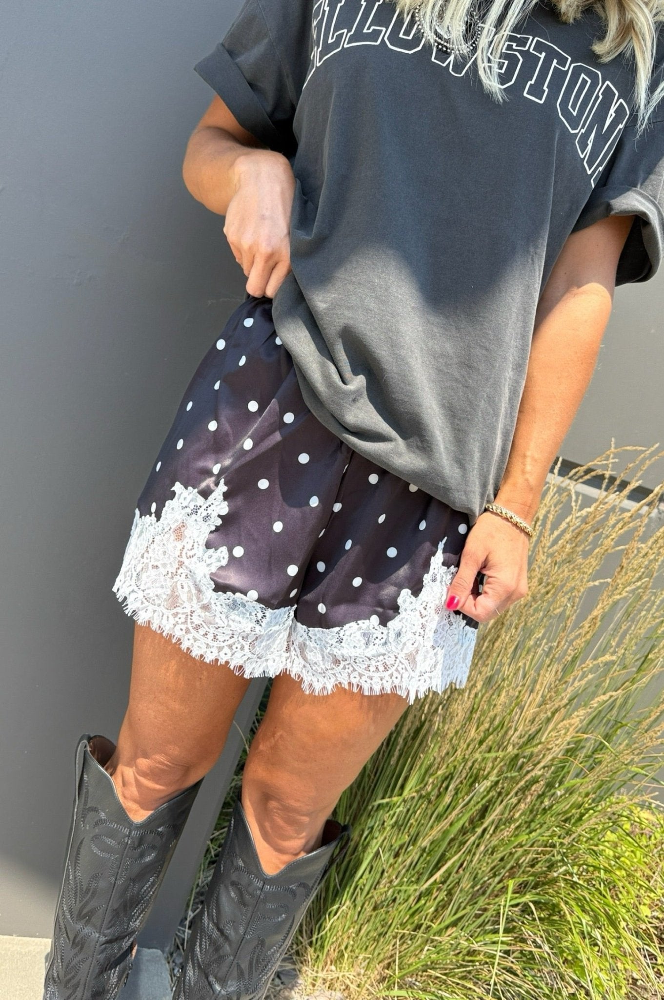 This Or That Satin Polkadot Lace Trimmed Shorts