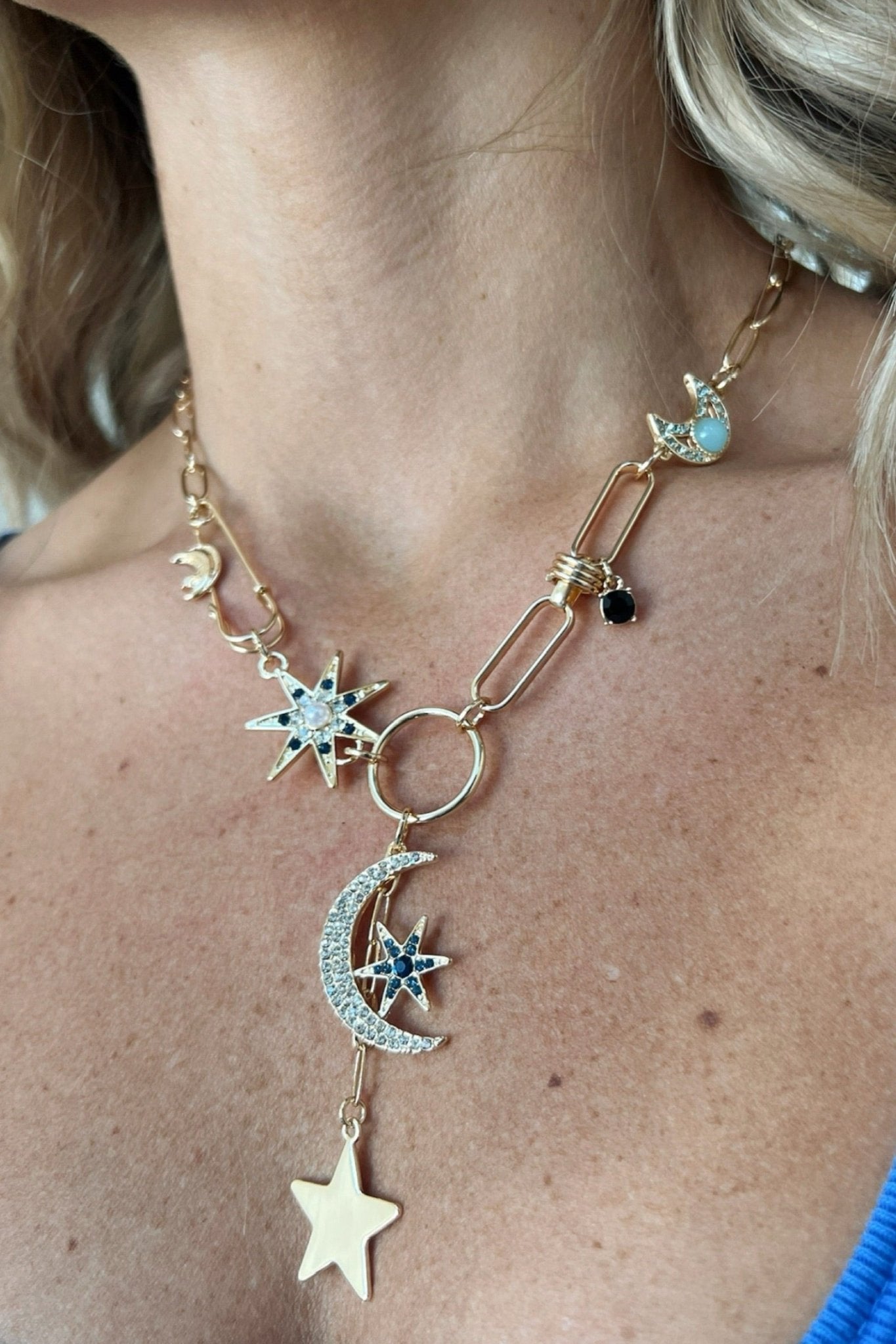 moon and star charms on link necklace