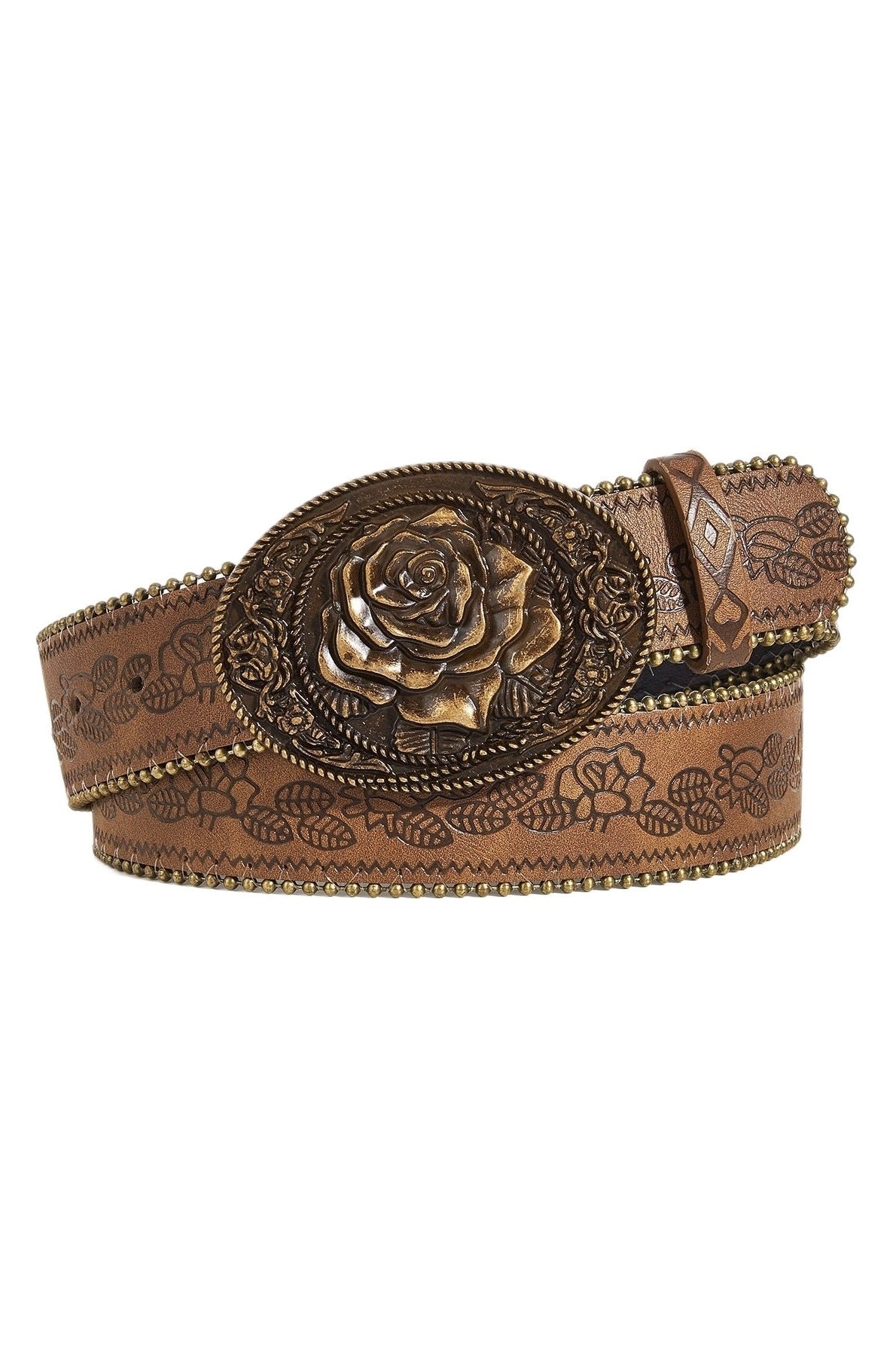 Camel brown Western PU leather belt with embossed botanical detailing, antique metal accents, and oversized rose buckle.