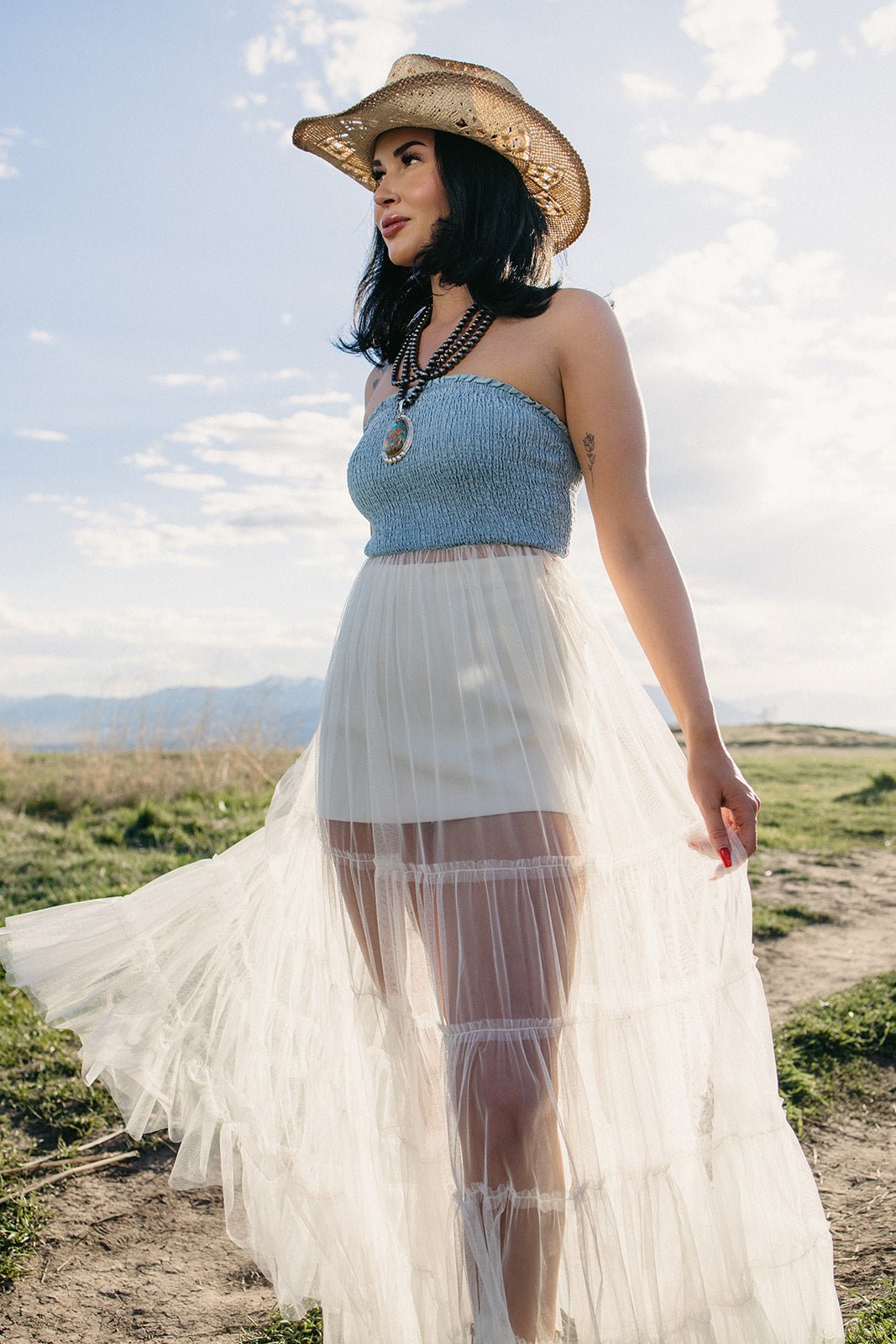 Boho western mesh maxi dress for country concert outfits, western festival fashion, boho cowgirl looks and desert western style from Sand + Charcoal Boutique.