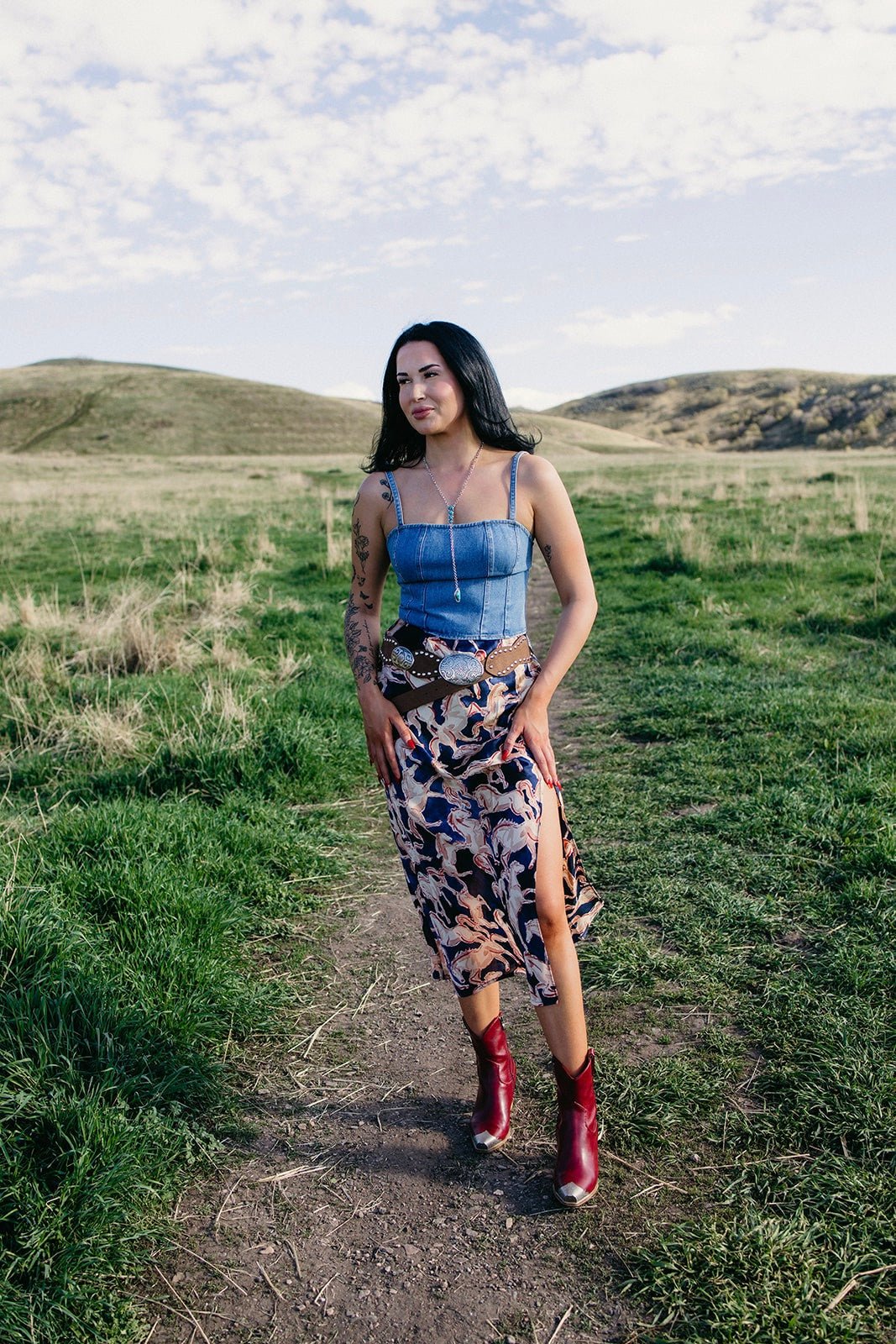 Horse print satin skirt, satin midi skirt, western fashion