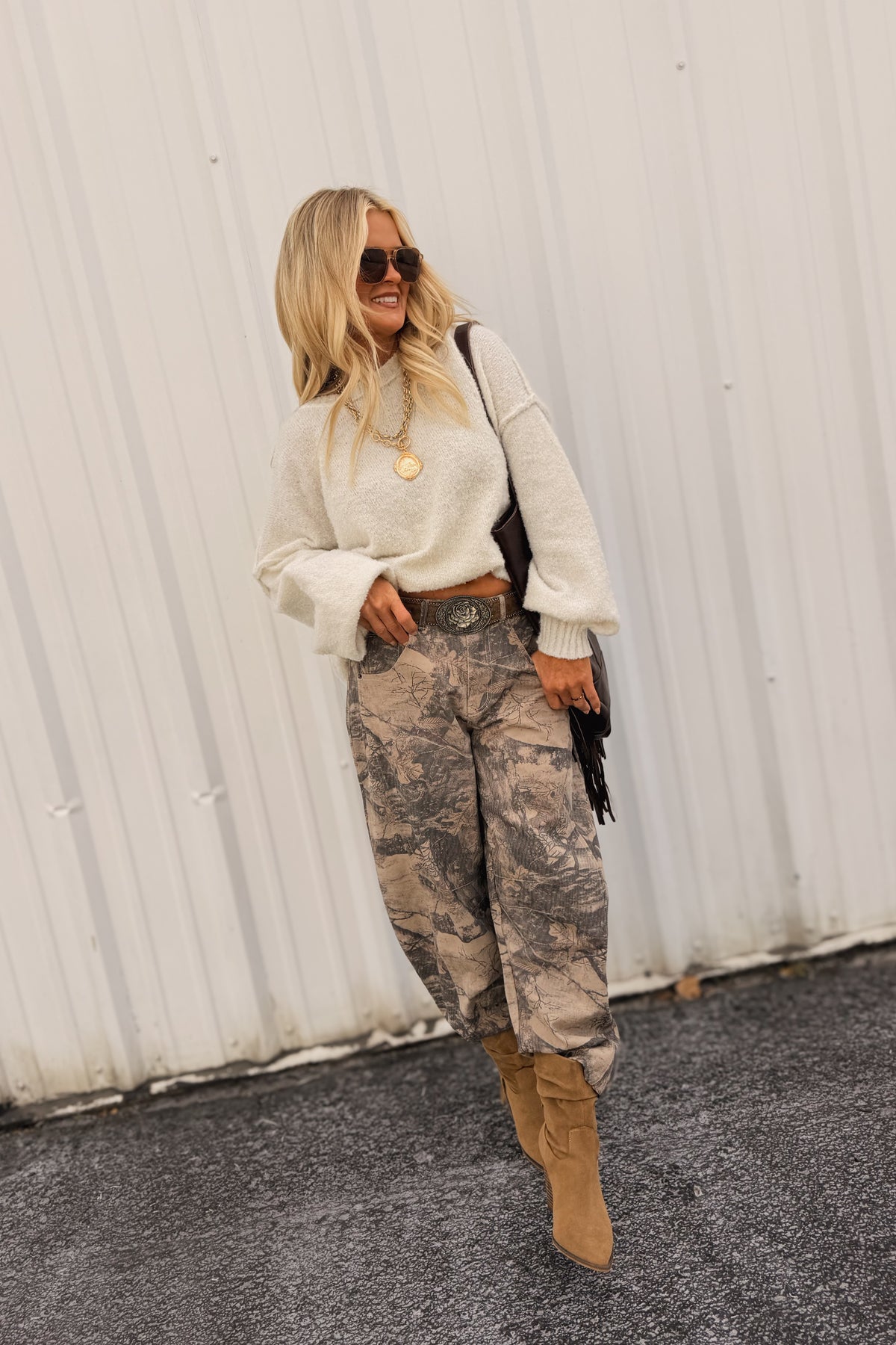 Women’s vintage washed brown camo barrel leg pants in cotton twill with utility pockets and relaxed fit