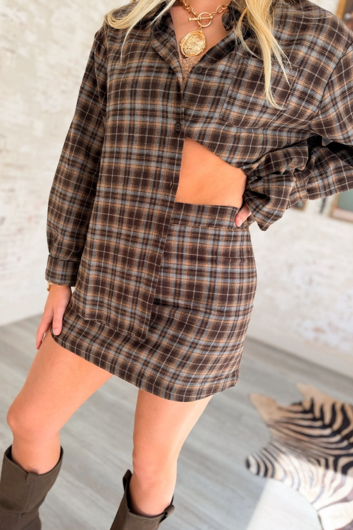 Wrong Side Of Campus Plaid Top & Skirt Set
