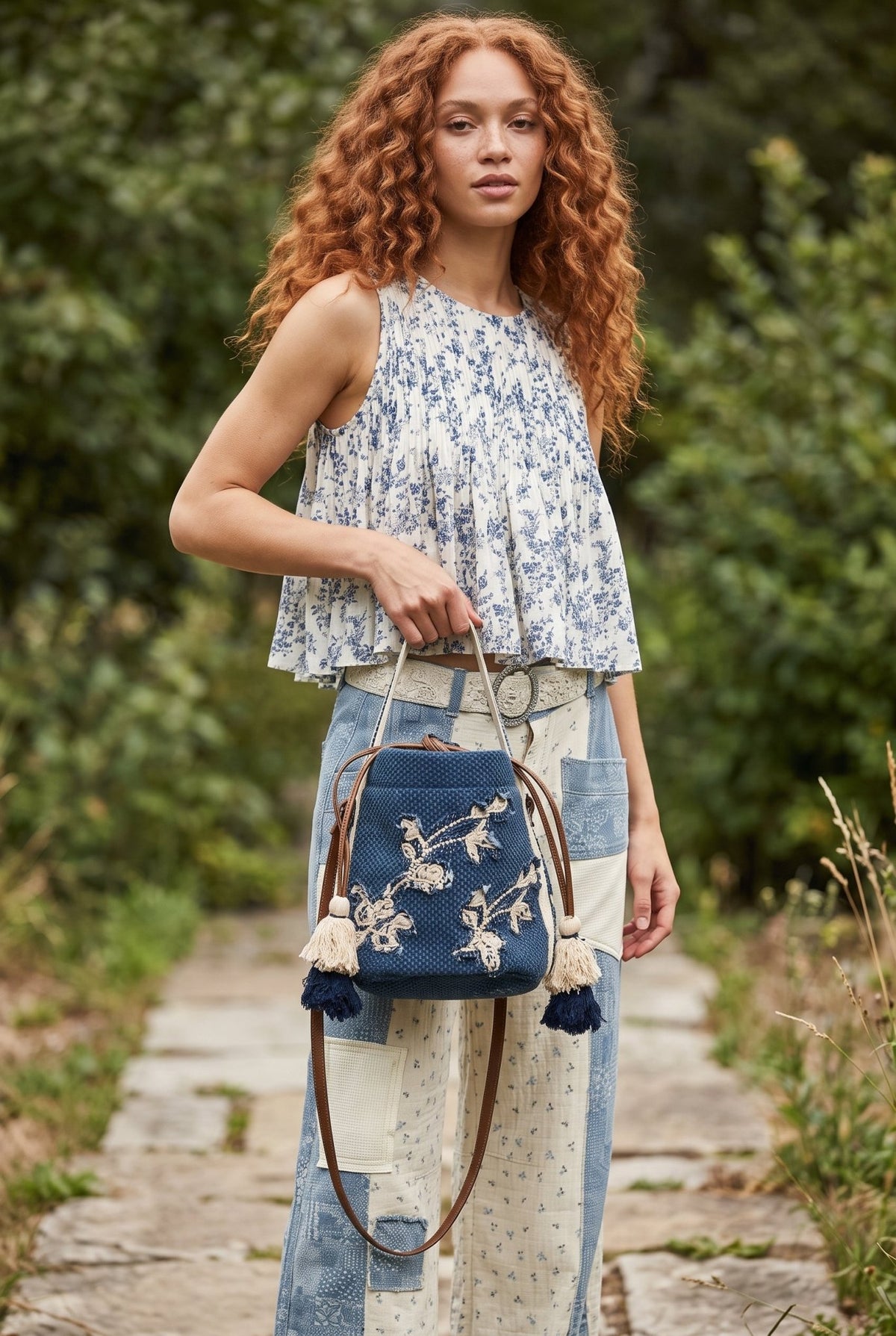 Zen & Wander blue textured woven crossbody bag with embroidered butterfly details, tassel accents and shoulder strap.