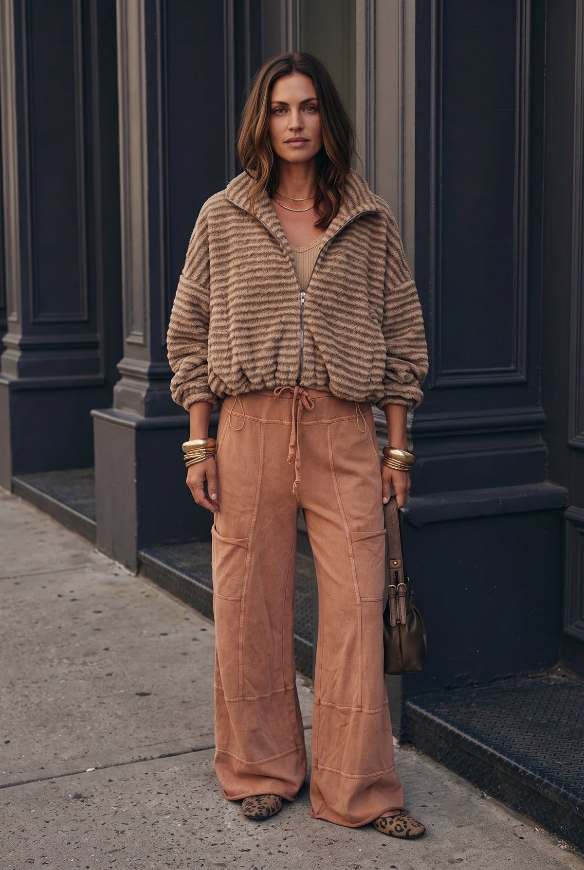 Palazzo pants with wide leg, drawstring waist, contrast seams in a beautiful creamy mocha color